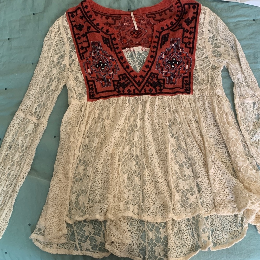 Free People Embroidered Lace Boho Top - Cream and Red